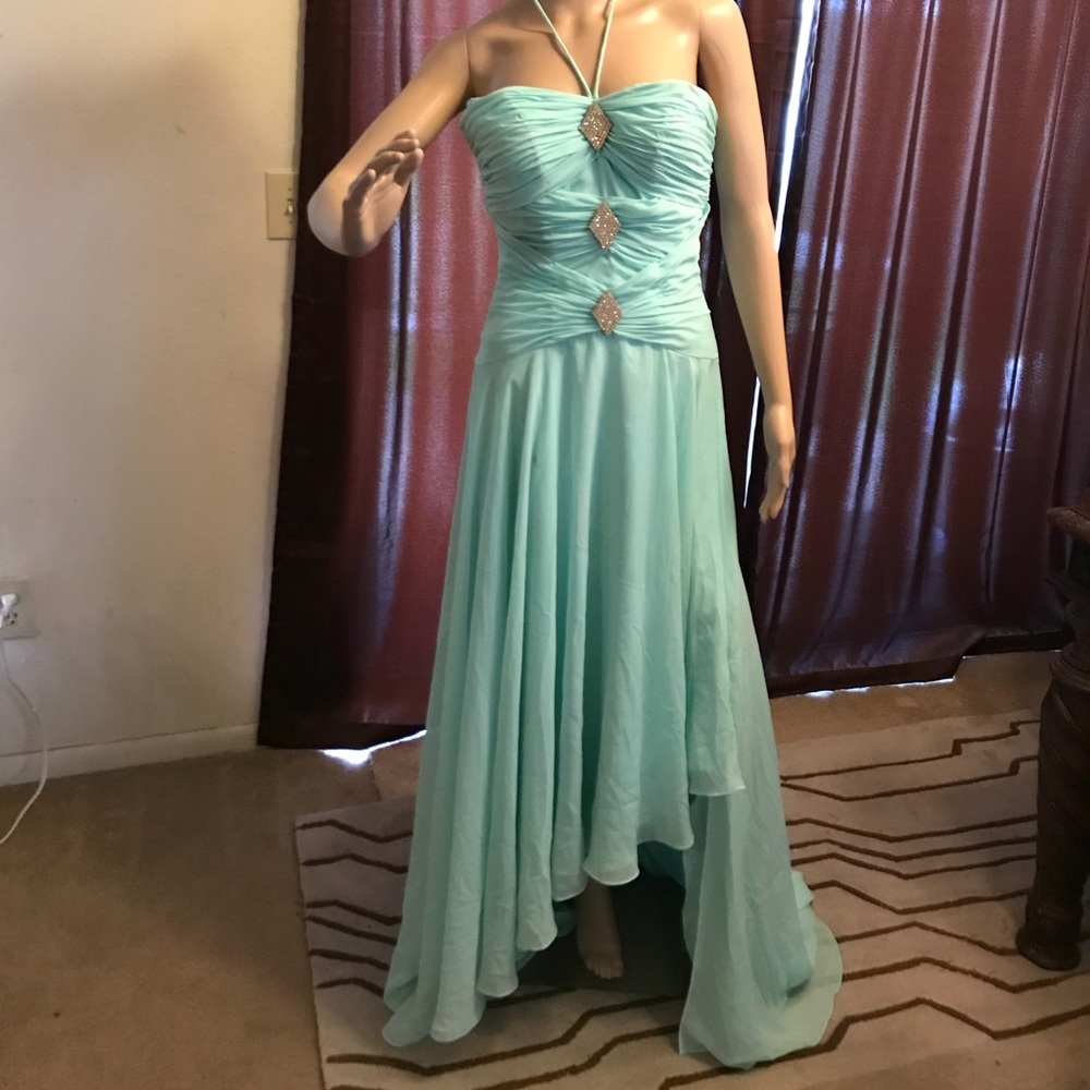 MINT GREEN FORMAL HIIGH-LOW DRESS W/RHINESTONES